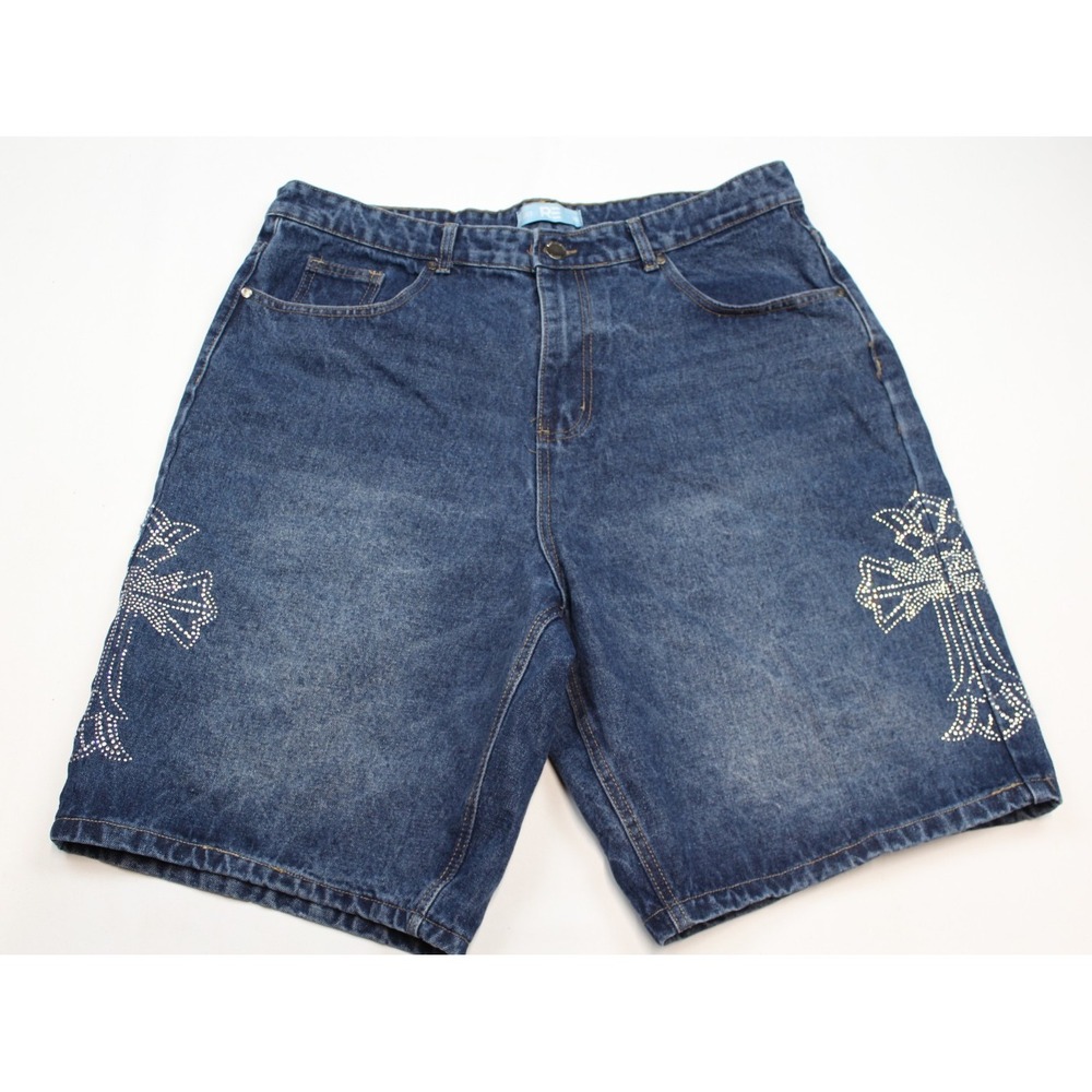 Riot Empire Blessed Denim Jorts Shorts Size 38 Blue Gothic Cross Y2K Streetwear